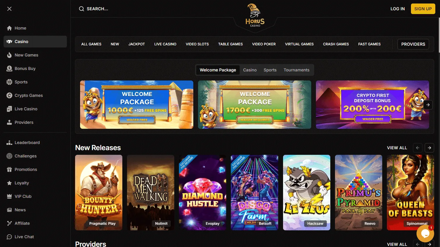 Horus Casino game catalogue displayed on desktop