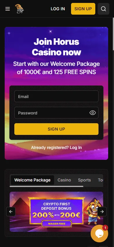 Horus Casino home page displayed on a mobile phone