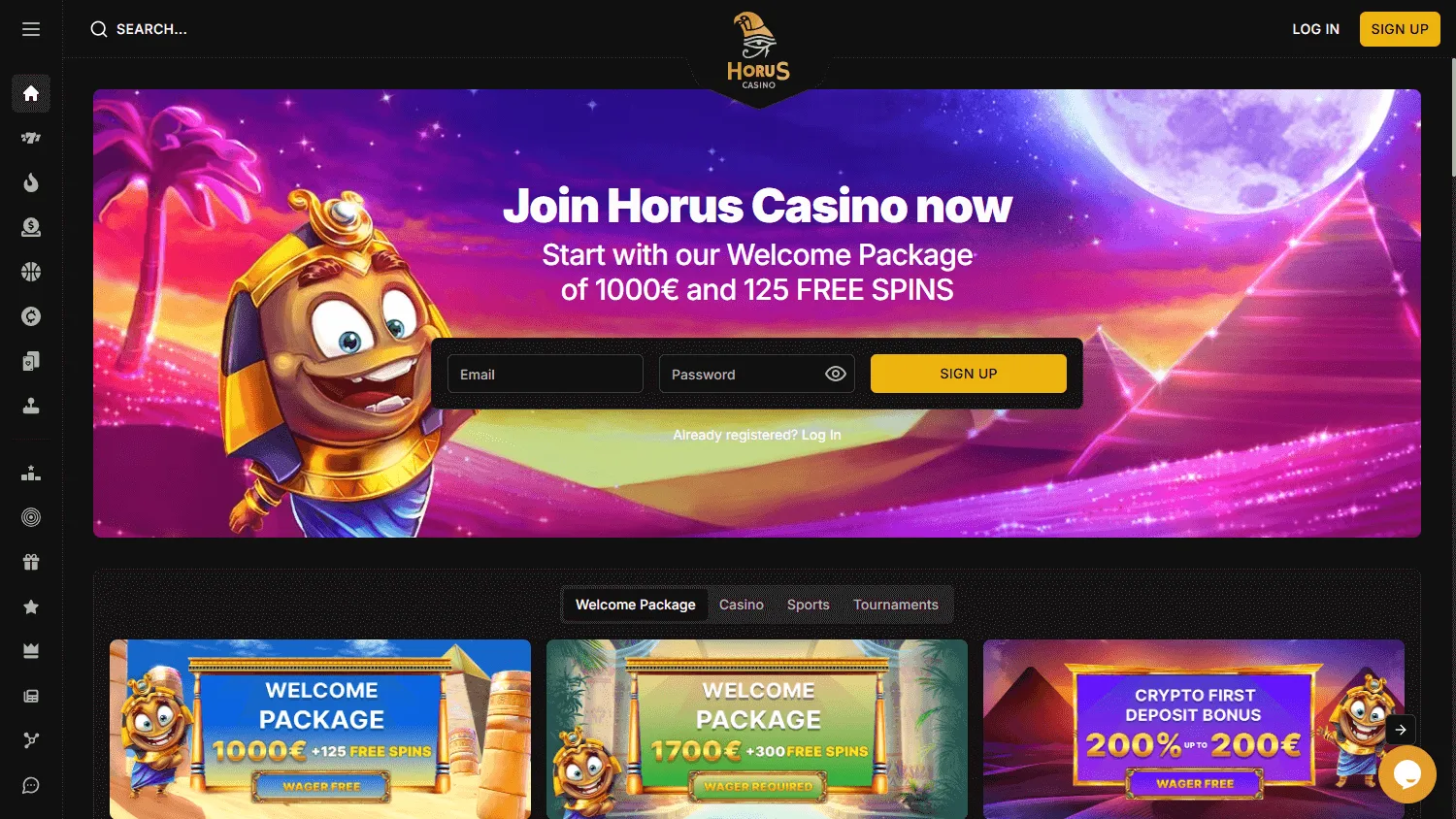 Horus Casino home page displayed on a desktop computer