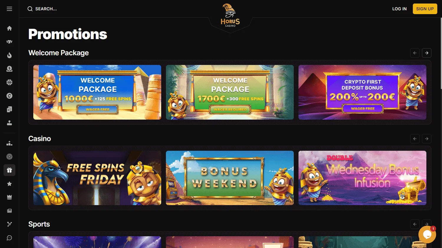 Horus Casino promotions area displayed on desktop